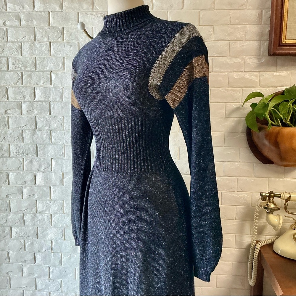 Vintage 1970s Wenjilli Long Sweater Dress Metallic Lurex Glitter Knit Gown - Picture 3 of 12